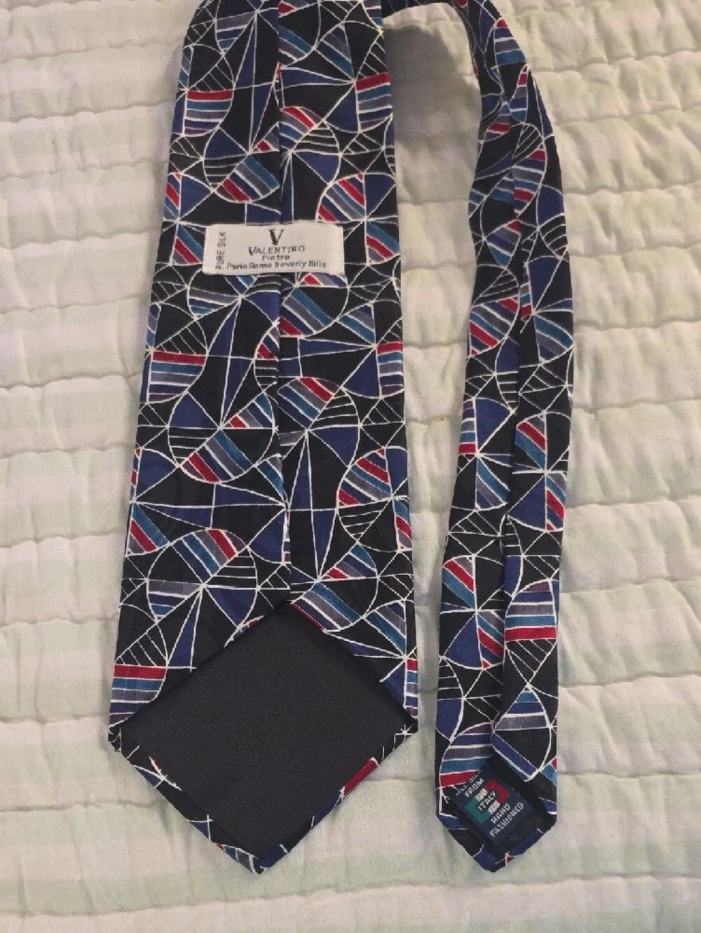 Valentino All Silk From Italy Hand Fashioned Geometric Tie with Red & White